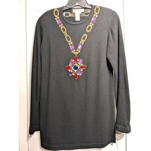 Vintage Outlander Sweater Womens‎ Medium Black Angora Lambswool Jeweled Necklace